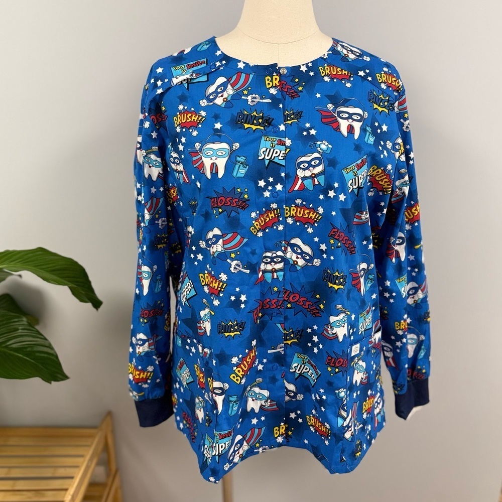 NWT Dickies Scrub Jacket 3X Blue Dental Super Hero Teeth Cotton Snap Scrubs Plus